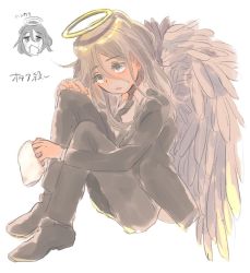 Rule 34 | 1boy, androgynous, angel devil, blonde hair, blue eyes, blush, chainsaw man, formal, halo, handkerchief, highres, suit, wings
