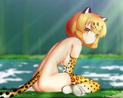 Rule 34 | 10s, 1girl, animal ears, ass, back, bad id, bad nicoseiga id, blonde hair, blush, breasts, elbow gloves, from side, gloves, iwahana, jaguar (kemono friends), jaguar ears, jaguar print, jaguar tail, kemono friends, leaning forward, looking at viewer, looking to the side, medium breasts, multicolored hair, no shoes, nude, outdoors, print gloves, print thighhighs, river, short hair, sitting, solo, tail, thighhighs, wariza, yellow eyes