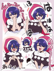 Rule 34 | 1girl, :d, black capelet, blue hair, blush, border, capelet, commentary request, doremy sweet, dress, flying sweatdrops, grey border, hat, laughing, multiple views, nightcap, open mouth, pom pom (clothes), red headwear, shio (futatsumami), short hair, smile, tail, tapir tail, touhou, v-shaped eyebrows, white dress