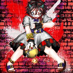 Rule 34 | 1girl, :d, arrow (symbol), bad id, bad pixiv id, belt, bomb, bracelet, brick wall, dress, embellished costume, explosive, fangs, highres, horns, impossible spell card, jewelry, kijin seija, multicolored hair, nail polish, open mouth, red eyes, sandals, short hair, short sleeves, smile, tamanegi tarou, thumbs down, toenail polish, toenails, tongue, tongue out, touhou, wall