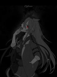 Rule 34 | 1girl, animal ears, character name, greyscale, hand in pocket, highres, hood, hoodie, horse ears, horse girl, horse tail, jacket, jewelry, long hair, looking at viewer, mask, mask pull, monochrome, mouth mask, open mouth, orfevre (umamusume) (old design), pendant, poteo mot, red eyes, skirt, sleeves pushed up, solo, spot color, tail, tongue, tongue out, umamusume