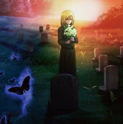 Rule 34 | 1girl, blonde hair, blue eyes, bouquet, bug, butterfly, butterfly wings, cleaned, coat, collared shirt, flower, grass, grave, graveyard, green coat, highres, holding, holding flower, insect, insect wings, krista lenz, long coat, long hair, long sleeves, necktie, official art, parted bangs, sad, shadow, shingeki no kyojin, shirt, sleeves past elbows, solo, white shirt, wings