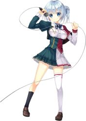 Rule 34 | 1girl, ashishun, asymmetrical legwear, black thighhighs, blue eyes, blue hair, blush, full body, highres, holding, holding microphone, kiba satoshi, light blue hair, loafers, long sleeves, looking at viewer, microphone, official art, pleated skirt, primal hearts 2, shoes, skirt, smile, solo, thighhighs, transparent background, uneven legwear, watanuki anna, white thighhighs, wire