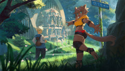 Rule 34 | 1boy, 1girl, arch, black shorts, blonde hair, blue eyes, blurry, blurry foreground, brown fur, brown hair, bug, building, butterfly, crop top, day, digitigrade, fang, fantasy, furry, furry female, grass, hood, hood down, insect, knee pads, landscape, looking at viewer, looking back, moss, nouzui, original, outdoors, pointing, road, rock, short shorts, shorts, sign, standing, standing on one leg, tree
