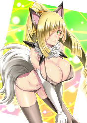 Rule 34 | 1girl, alternate breast size, animal ears, bikini, black bikini, blush, breasts, cleavage, collarbone, creatures (company), dog ears, dog tail, elbow gloves, game freak, gen 7 pokemon, gloves, green eyes, hair over one eye, halterneck, highres, large breasts, long hair, looking at viewer, lusamine (pokemon), lycanroc, lycanroc (midday), mature female, navel, nintendo, parted lips, pokemon, pokemon sm, pokemon tail, smile, solo, swimsuit, tail, takecha, v arms, very long hair