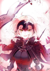 Rule 34 | 1girl, armor, armored dress, banner, black cape, black dress, blood, blood on face, blood splatter, breasts, cape, chain, dress, emo (ricemo), fate/grand order, fate (series), floating hair, fur trim, grin, hair between eyes, holding, holding sword, holding weapon, jeanne d&#039;arc (fate), jeanne d&#039;arc alter (avenger) (fate), jeanne d&#039;arc alter (fate), large breasts, looking at viewer, petals, short hair, signature, silver hair, smile, solo, sword, upper body, weapon, white background, yellow eyes