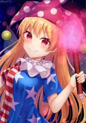 Rule 34 | 1girl, american flag dress, blonde hair, breasts, closed mouth, clownpiece, dark background, dress, fairy wings, hat, highres, holding, holding torch, jester cap, light smile, long hair, looking at viewer, neck ruff, pink hat, polka dot, red eyes, runa (runa7733), short sleeves, small breasts, solo, star (symbol), star print, torch, touhou, upper body, v-shaped eyebrows, very long hair, wings