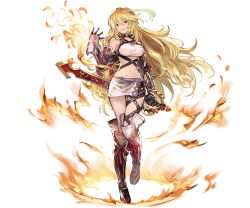 Rule 34 | 10s, 1girl, belt, blonde hair, boots, cross-laced footwear, crossover, fire, full body, granblue fantasy, lace-up boots, long hair, midriff, milla maxwell, minaba hideo, navel, official art, red eyes, skirt, smile, solo, sword, tales of (series), tales of xillia, thigh boots, thigh gap, thighhighs, transparent background, weapon