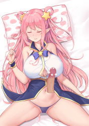 Rule 34 | 1boy, 1girl, absurdres, breasts, cum, elf, hatsune (princess connect!), highres, large breasts, long hair, panana, penis, pink hair, pointy ears, princess connect!, princess connect!, sleeping, thong