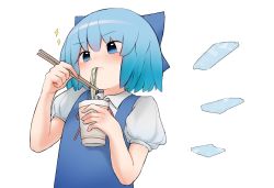 Rule 34 | 1girl, bad id, bad twitter id, blue dress, blue eyes, blue hair, blush, cirno, commentary, cup ramen, dress, eating, english commentary, food, highres, ice, ice wings, kpe934k0s282b2, noodles, puffy short sleeves, puffy sleeves, short hair, short sleeves, simple background, solo, sparkle, touhou, white background, wings