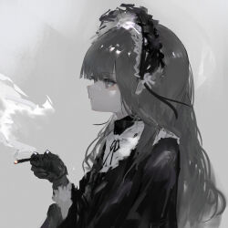Rule 34 | 1girl, black bow, black bowtie, black gloves, black shirt, blunt bangs, bow, bowtie, cigarette, closed mouth, expressionless, gloves, gothic lolita, grey background, grey eyes, grey hair, greyscale, headdress, highres, holding, holding cigarette, lolita fashion, long hair, long sleeves, misumigumi, monochrome, no pupils, original, profile, shirt, sketch, smoke, solo, upper body