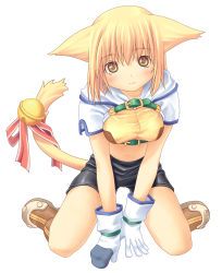 Rule 34 | 1girl, animal ears, bell, blush, cat ears, female focus, highres, hunter (ragnarok online), looking at viewer, ragnarok online, shorts, simple background, solo, tagme, tail, white background