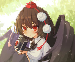 Rule 34 | 1girl, absurdres, black bow, black bowtie, black hair, black wings, blush, bow, bowtie, breasts, camera, collared shirt, commentary request, expressionless, hat, highres, holding, holding camera, leaf, looking at viewer, parted lips, pom pom (clothes), red eyes, red hat, shameimaru aya, shirt, short hair, small breasts, solarisu, solo, tokin hat, touhou, upper body, white shirt, wings