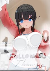 1girl ? against_glass arm_up black_choker black_hair blue_eyes blue_hair blunt_bangs breast_press breasts breasts_on_glass choker commentary english_commentary gym_uniform hair_ornament hairclip highres jacket large_breasts long_sleeves milestone_celebration multicolored_hair open_clothes open_jacket original parted_lips red_jacket shirt short_hair sidelocks solo streaked_hair sugyart8 thank_you white_shirt