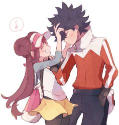 Rule 34 | 1boy, 1girl, arm grab, bag, black gloves, black hair, blush, closed eyes, closed mouth, commentary, creatures (company), double bun, eyelashes, fingerless gloves, game freak, gloves, grin, hair bun, hand in pocket, highres, hugh (pokemon), jacket, looking at another, misha (ohds101), musical note, nintendo, pants, pantyhose, pantyhose under shorts, pokemon, pokemon bw2, raglan sleeves, rosa (pokemon), shirt, shorts, sidelocks, sleeves past elbows, smile, spiked hair, spoken musical note, sweatdrop, teeth, twintails, visor cap, yellow shorts, zipper pull tab