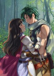 Rule 34 | 1boy, 1girl, absurdres, arm around waist, armor, astrid (fire emblem), black hair, cape, commission, commissioner upload, couple, fingerless gloves, fire emblem, fire emblem: radiant dawn, gloves, green hair, hetero, highres, long hair, looking at another, nintendo, outdoors, parted lips, pauldrons, shirt, shoulder armor, sleeveless, sleeveless shirt, sothe (fire emblem), tamafry, tree, yellow eyes