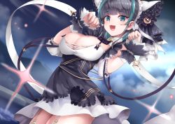 Rule 34 | 1girl, apron, aqua eyes, azur lane, blunt bangs, breasts, cheshire (azur lane), cleavage, cloud, cloudy sky, cowboy shot, detached sleeves, dress, dutch angle, frilled hairband, frilled headband, frilled ribbon, frills, garter straps, hair ornament, hairband, highres, large breasts, long ribbon, looking at viewer, maid, maid headdress, multicolored hair, nail polish, open mouth, outdoors, puffy detached sleeves, puffy sleeves, purple apron, ribbon, rin2008, sky, smile, solo, streaked hair, thighs, wristband