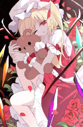 Rule 34 | 1girl, absurdres, ascot, blonde hair, cowboy shot, crystal, flandre scarlet, frills, hat, hat ribbon, highres, looking at viewer, mob cap, one eye closed, open mouth, puffy short sleeves, puffy sleeves, putchi (kinokonokami), red eyes, ribbon, short sleeves, side ponytail, solo, stuffed animal, stuffed toy, teddy bear, thighs, touhou, wings