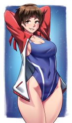 Rule 34 | 1girl, absurdres, arms behind head, blue one-piece swimsuit, breasts, brown eyes, brown hair, capcom, competition swimsuit, covered navel, cowboy shot, dracksart, grin, headband, highleg, highleg swimsuit, highres, jacket, kasugano sakura, large breasts, looking at viewer, one-piece swimsuit, open clothes, open jacket, red headband, red jacket, short hair, smile, solo, standing, street fighter, street fighter zero (series), swimsuit, track jacket