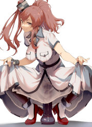 Rule 34 | 1girl, belt, breast pocket, breasts, brown hair, commentary, dildo, dress, full body, grey eyes, high heels, impossible clothes, kantai collection, large breasts, long hair, looking at viewer, pocket, ponytail, saratoga (kancolle), see-through, sex toy, short sleeves, side ponytail, sidelocks, simple background, skirt hold, smile, smokestack hair ornament, solo, squatting, takemura sessyu, tiptoes, white background, white dress