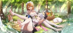 Rule 34 | 2girls, absurdres, apron, armpits, arms up, bare shoulders, blanket, blonde hair, braid, character request, copyright request, dress, feet, food, frilled apron, frills, grass, highres, maid, maid apron, maid headdress, multiple girls, no shoes, open mouth, outdoors, panties, picnic, picnic basket, puffy sleeves, silver hair, sitting, soles, tree, underwear, waist apron, wet, wet clothes, wet dress, white apron, white legwear, white panties, yellow eyes, yolanda