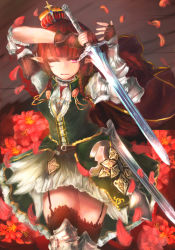 Rule 34 | 1girl, ;|, bad hands, bad id, bad pixiv id, blunt bangs, braid, brown gloves, brown hair, cape, crown, elf, flower, garter straps, gloves, green skirt, holding, holding sword, holding weapon, looking at viewer, original, petals, pointy ears, purple eyes, red cape, red flower, sheath, sidelocks, skirt, solo, standing, sword, takei (jamfusion), thighhighs, weapon