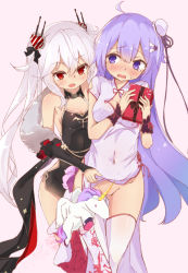 Rule 34 | !?, 2girls, ^^^, animal, azur lane, bare shoulders, black bow, black dress, bow, box, breasts, bun cover, china dress, chinese clothes, cleavage, commentary request, convenient censoring, covered navel, detached sleeves, dress, gift, gift box, groin, hair between eyes, hair bow, hair bun, hair ornament, hair ribbon, heart, heart hair ornament, highres, holding, holding gift, long hair, long sleeves, medium breasts, multiple girls, no panties, pelvic curtain, purple eyes, purple hair, red eyes, ribbon, short dress, short sleeves, side bun, silver hair, single hair bun, single side bun, spring oct, stuffed animal, stuffed toy, stuffed unicorn, stuffed winged unicorn, thighhighs, twintails, unicorn (azur lane), unicorn (the gift of spring) (azur lane), vampire (azur lane), vampire (the breath of spring) (azur lane), very long hair, white dress, white legwear, winged unicorn, wrist cuffs