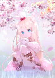 Rule 34 | 1girl, absurdres, animal, animal ear fluff, animal ears, animal hug, blonde hair, blue eyes, blush, chinese zodiac, closed mouth, commentary request, floral print, flower, highres, japanese clothes, kimono, long hair, long sleeves, looking at viewer, original, peas (peas0125), pink kimono, print kimono, rabbit, rabbit ears, sleeves past fingers, sleeves past wrists, smile, solo, tail, very long hair, white flower, wide sleeves, year of the rabbit, yellow flower