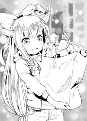 Rule 34 | 1girl, bag, blush, bow, drooling, food, greyscale, hair bow, holding, holding bag, horns, ibuki suika, long hair, looking away, monochrome, open mouth, shiina excel, smile, solo, touhou