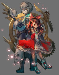 Rule 34 | 1boy, 1girl, belt pouch, book, boots, brown hair, curiosities of lotus asia, detached sleeves, dress, frills, gears, glasses, hair ribbon, hakurei reimu, highres, japanese clothes, long sleeves, morichika rinnosuke, nontraditional miko, petals, pouch, red eyes, red ribbon, ribbon, shoes, silver hair, touhou, wide sleeves, yellow eyes, yuukoo