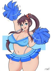 Rule 34 | 1girl, amaya haruko, armpits, arms up, blue eyes, blush, breasts, cheerleader, cleavage, covered erect nipples, curvy, female focus, hair ornament, highres, large breasts, long hair, looking at viewer, maken-ki!, mehdrawings, midriff, miniskirt, navel, open mouth, plump, ponytail, purple hair, shiny skin, sidelocks, skirt, smile, solo, thick thighs, thighs, whale tail (clothing), wide hips