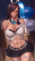 Rule 34 | 1girl, abs, absurdres, breasts, cleavage, final fantasy, final fantasy vii, fishnets, fluffydus, highres, large breasts, long hair, muscular, muscular female, one eye closed, rabbit ears, skirt, solo, tifa lockhart