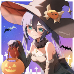 Rule 34 | 1girl, alternate costume, aqua eyes, bare shoulders, bat (animal), black gloves, black hair, black hat, blush, breasts, cleavage, closed mouth, detached sleeves, fur collar, genshin impact, gloves, hair between eyes, halloween, halloween bucket, halloween costume, hat, hat ornament, highres, holding, long hair, long sleeves, looking at viewer, mona (genshin impact), mona (halloween) (genshin impact), nanamo yado, pumpkin hat ornament, signature, small breasts, smile, solo, tombstone, twintails, twitter username, witch hat