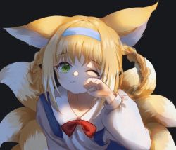 Rule 34 | 1girl, ;3, animal ear fluff, animal ears, arknights, black background, blonde hair, blue hairband, bow, braid, braided hair rings, closed mouth, collarbone, collared shirt, commentary request, female focus, fox ears, fox girl, fox tail, green eyes, hair rings, hairband, hand up, kitsune, long sleeves, looking at viewer, one eye closed, paw pose, puffy long sleeves, puffy sleeves, red bow, shirt, simple background, siyu csy, solo, suzuran (arknights), tail, twin braids, upper body, white shirt