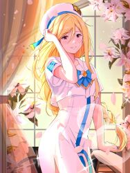 1girl alicia_florence andanden aria_(manga) aria_company_uniform beret blonde_hair blue_bow blue_bowtie blue_ribbon blush bow bowtie braid braided_ponytail cowboy_shot curtains dress eyelashes falling_petals flower gold_trim hair_between_eyes hat hat_ribbon highres impossible_clothes impossible_dress indoors lens_flare long_hair looking_at_viewer petals pink_flower purple_eyes ribbon sailor_collar short_sleeves side_slit smile solo sparkle very_long_hair white_dress white_hat window