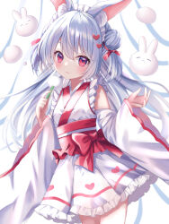 Rule 34 | 1girl, absurdres, animal ears, child, closed mouth, grey hair, heart, heart print, highres, holding, japanese clothes, kimono, long hair, maid, original, personification, rabbit, rabbit ears, red eyes, smile, wa maid, white background