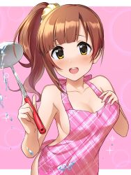 Rule 34 | 1girl, :d, apron, blush, breasts, brown hair, cleavage, collarbone, commentary request, hand on breast, highres, holding, holding ladle, idolmaster, idolmaster cinderella girls, igarashi kyoko, ladle, long hair, looking at viewer, medium breasts, naked apron, natsuya (natuya777), open mouth, pink background, ponytail, smile, solo, sparkle, teeth, tongue, upper teeth only, yellow eyes