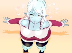 Rule 34 | bike shorts, blue skin, colored skin, cyana, food, food in mouth, looking up, nail polish, p.m. seymour, pocky, star eyes, sweater, white hair