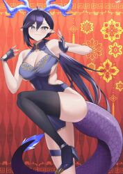 Rule 34 | 1girl, arms up, bare arms, bare shoulders, black thighhighs, blush, breasts, center opening, china dress, chinese clothes, chinese commentary, chinese new year, chisel, cleavage, closed mouth, clothing cutout, covered navel, dot nose, dragon girl, dragon horns, dragon tail, dress, earrings, fingerless gloves, gloves, gold trim, grey eyes, hair between eyes, hands up, high heels, highres, horns, jewelry, knee up, kung fu, kurozawa yui, large breasts, long hair, long pointy ears, looking at viewer, original, pointy ears, ponytail, purple hair, red background, signature, single earring, single thighhigh, smile, solo, standing, standing on one leg, tail, thigh strap, thighhighs, thighs