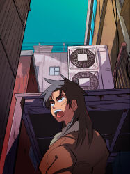 Rule 34 | 1boy, air conditioner, black eyes, black hair, blue sky, bomber jacket, brown jacket, building, city, commentary request, facial scar, highres, inudori, itou kaiji, jacket, kaiji, long hair, looking back, male focus, medium bangs, open mouth, outdoors, parted bangs, rust, scar, scar on cheek, scar on ear, scar on face, sky, solo, teeth, upper body, upper teeth only