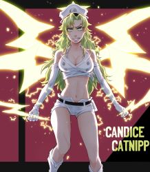 Rule 34 | 1girl, bleach, breasts, candice catnipp, cleavage, electricity, energy, energy sword, energy weapon, energy wings, glowing, green eyes, green hair, hat, highres, long hair, midriff, navel, revealing clothes, solo, sword, weapon, wings