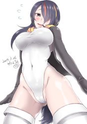 Rule 34 | 10s, 1girl, bad id, bad twitter id, black hair, blush, breasts, dated, emperor penguin (kemono friends), hair over one eye, headphones, hjm, kemono friends, leotard, long hair, looking at viewer, multicolored hair, solo, thighhighs, twitter username, white leotard, white thighhighs