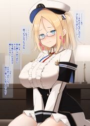 Rule 34 | 1girl, :|, anchor symbol, between legs, black corset, blonde hair, blue-framed eyewear, blue eyes, blush, breasts, closed mouth, commentary request, corset, covered erect nipples, de grasse (warship girls r), desk lamp, dress, forehead, frilled dress, frills, furrowed brow, glasses, hair ornament, hairpin, half-closed eyes, hand between legs, hat, indoors, kurikara, lamp, large breasts, long sleeves, looking ahead, neck ribbon, nose blush, one side up, parted bangs, pleated dress, ribbon, sailor hat, short hair, sitting, solo, sweatdrop, translation request, v arms, variant set, warship girls r, wavy mouth, white dress