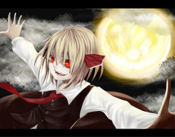 Rule 34 | 1girl, ascot, blonde hair, bow, cloud, dress, embodiment of scarlet devil, evil, evil smile, fang, female focus, full moon, glayjirobass, hair bow, hair ribbon, highres, moon, night, open hands, open mouth, outstretched arms, red eyes, ribbon, rion (glayjirobass), rumia, short hair, skirt, sky, smile, solo, spread arms, touhou