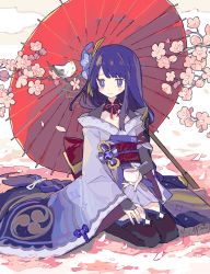 Rule 34 | 1girl, armor, artist name, bird, black thighhighs, blunt bangs, blush, braid, branch, breasts, bridal gauntlets, cherry blossoms, cleavage, commentary, cup, drink, english commentary, falling petals, fingernails, flower, genshin impact, hair flower, hair ornament, hand on lap, highres, holding, holding cup, japanese clothes, kimono, long hair, looking at animal, low-braided long hair, low-tied long hair, melanbread, nail polish, obi, oil-paper umbrella, parasol, petals, purple eyes, purple hair, purple kimono, purple nails, raiden shogun, red umbrella, sash, seiza, shoulder armor, signature, sitting, smile, solo, thighhighs, umbrella, very long hair, vision (genshin impact)