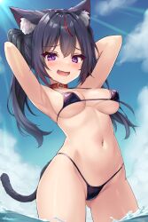 Rule 34 | 1girl, absurdres, animal ear fluff, animal ears, arms behind head, arms up, belt collar, bikini, black bikini, black hair, blue sky, blush, breasts, cat ears, cat girl, cat tail, cloud, collar, commentary request, day, fang, hair between eyes, highleg, highleg bikini, highres, kazuneko (wktk1024), large breasts, long hair, looking at viewer, micro bikini, navel, ocean, open mouth, original, petite, purple eyes, red collar, red hair, sky, slit pupils, solo, swimsuit, tail, twintails, wading, wide hips
