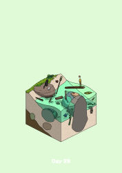 Rule 34 | absurdres, beach, bird, boulder, cat, commentary request, diorama, face down, fish, gozz, green background, highres, isometric, original, shipwreck, starfish