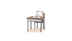 Rule 34 | :3, animal, animal focus, artist name, black eyes, blush stickers, book, chair, desk, dog, fluffy, fuwa fuwa dog, no humans, open book, open mouth, original, school chair, school desk, shadow, simple background, sitting, solid circle eyes, solo, twitter username, white background