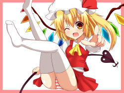 Rule 34 | 1girl, bad id, bad pixiv id, blonde hair, fang, flandre scarlet, framed, haniwagi (hal), hat, hat ribbon, laevatein, legs up, mob cap, one eye closed, open mouth, orange eyes, outside border, panties, pantyshot, pink panties, pointing, pointing at viewer, ribbon, shirt, side ponytail, sitting, skirt, skirt set, smile, solo, striped clothes, striped panties, thighhighs, touhou, underwear, upskirt, vest, white thighhighs, wings, wink