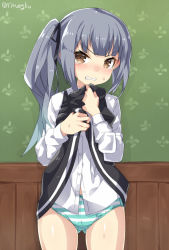 Rule 34 | &gt;:d, 10s, 1girl, :d, against wall, angry, aqua bow, black dress, black skirt, black vest, blunt bangs, blush, bow, bow panties, brown eyes, clenched teeth, clothes lift, cowboy shot, dress, dress lift, gluteal fold, head tilt, indoors, kantai collection, kasumi (kancolle), kasumi kai ni (kancolle), lifting own clothes, long sleeves, looking at viewer, open mouth, panties, pinafore dress, shiny skin, silver hair, skirt, skirt lift, sleeveless, sleeveless dress, smile, solo, standing, stomach, striped clothes, striped panties, sweat, teeth, torimaru, underwear, v-shaped eyebrows, vest, vest lift